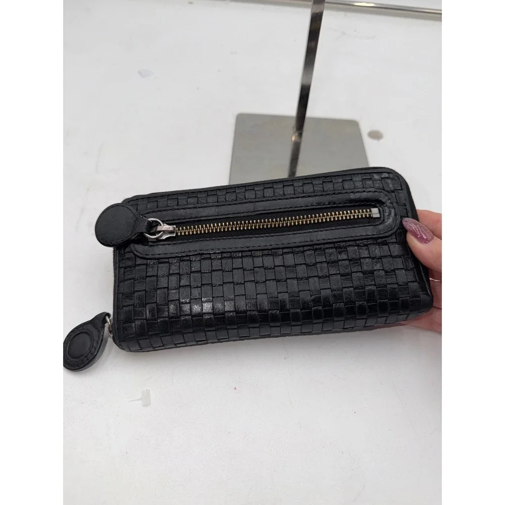 Elliott Lucca Black Woven Leather Zip Around Wallet with Exterior Pocket